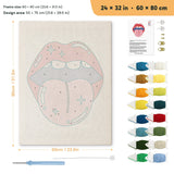 Tongue Out Lips punch needle kit, 24 × 32 in (60 × 80 cm): canvas size and kit contents