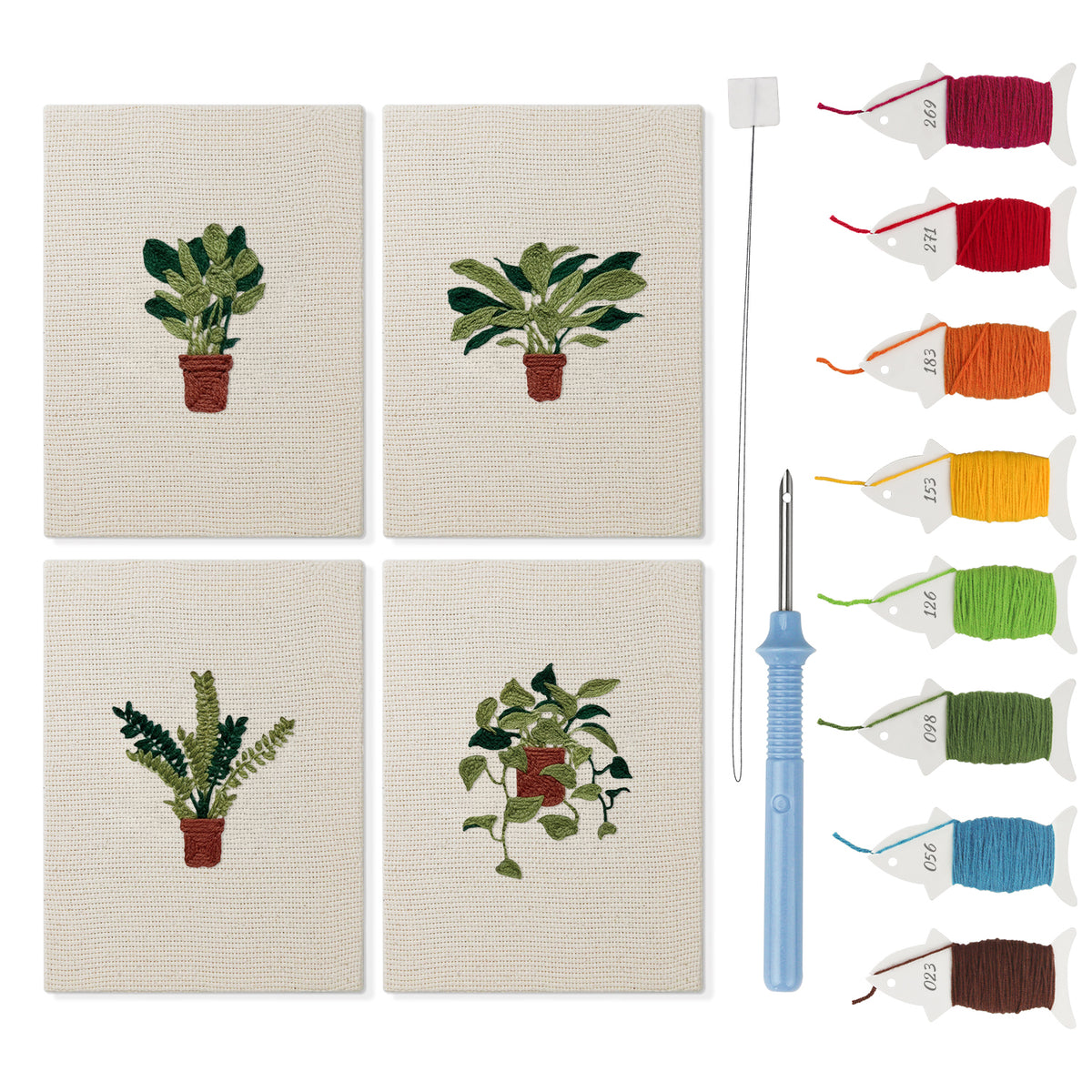 Trailing Ivy Pots mini punch needle kit set: four finished canvases with threads, punch needle and threader