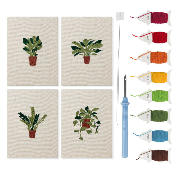 Trailing Ivy Pots mini punch needle kit set: four finished canvases with threads, punch needle and threader