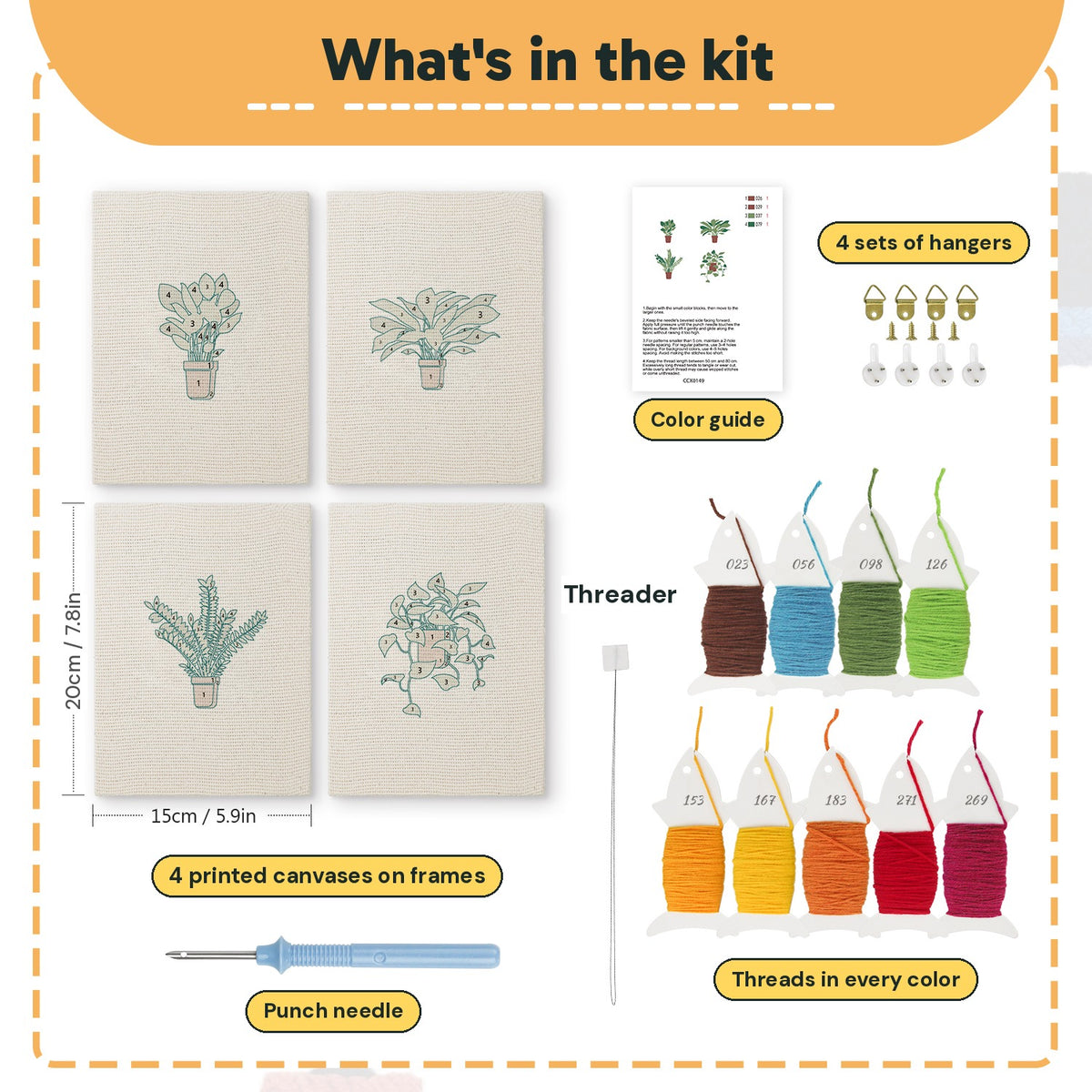 What is in the Trailing Ivy Pots set: 4 printed canvases, punch needle, threader, threads, color guide and 4 sets of hangers (6 × 8 in (15 × 20 cm) each)