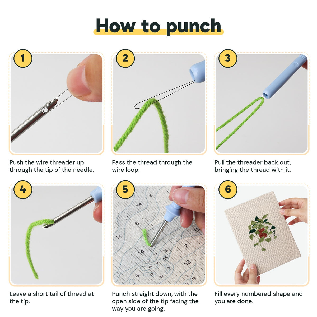 Six steps showing how to thread and use the punch needle