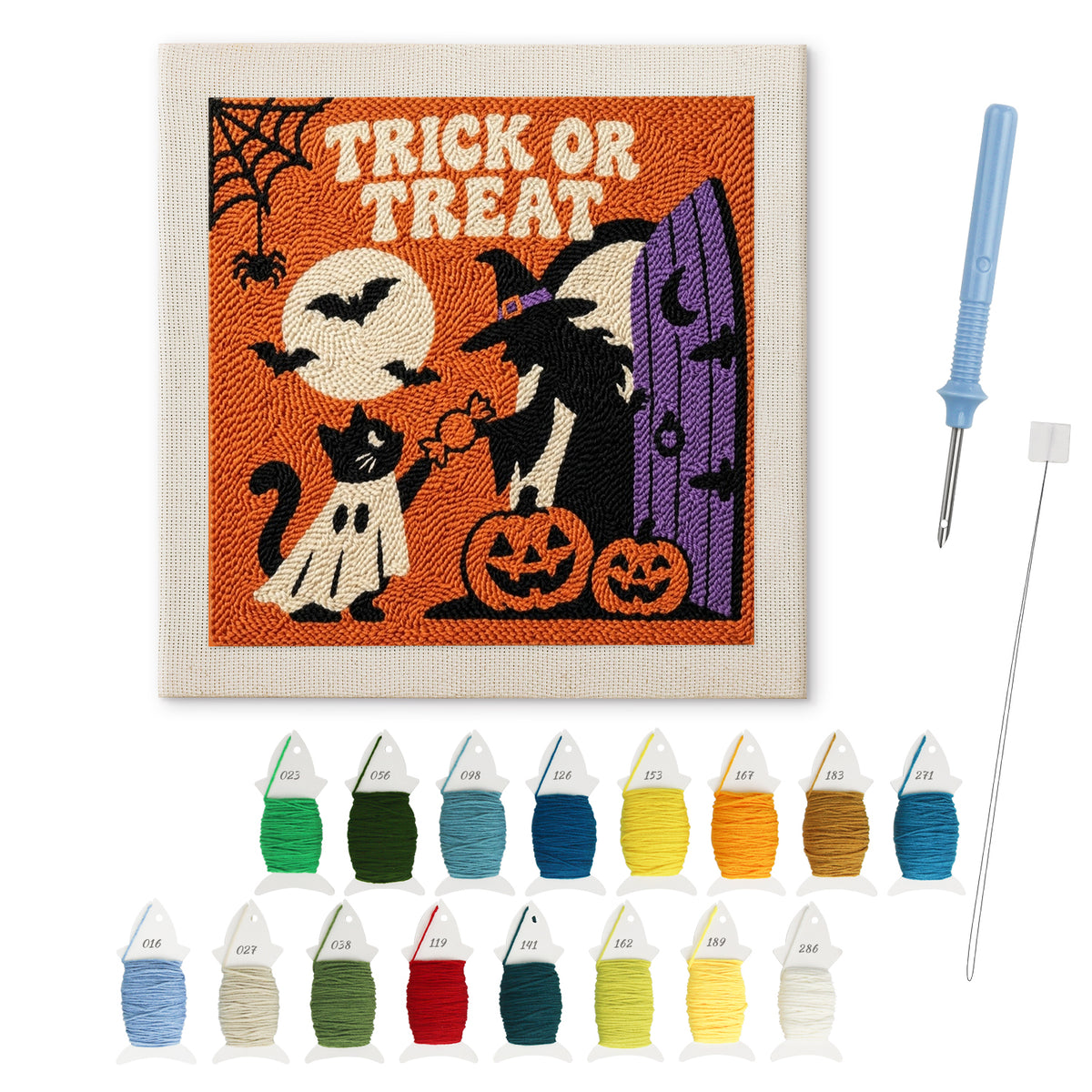 Trick or Treat Doorstep punch needle kit: finished canvas with threads, punch needle and threader