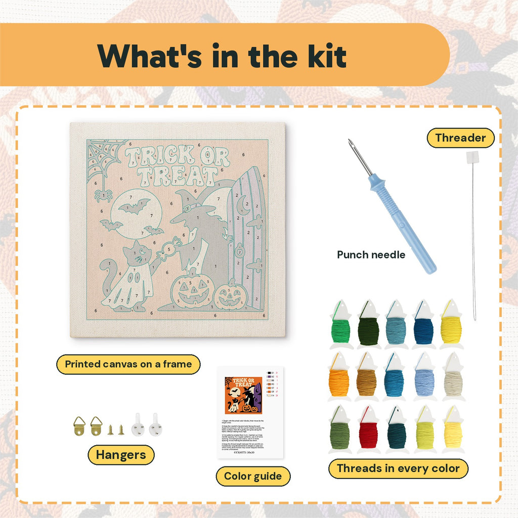 What is in the Trick or Treat Doorstep kit: printed canvas, punch needle, threader, threads, color guide and hangers