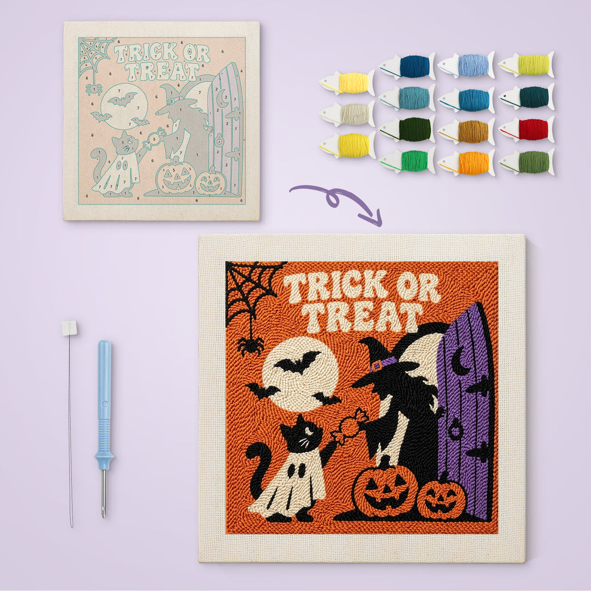 Trick or Treat Doorstep canvas before and after punching, with the threads and tools