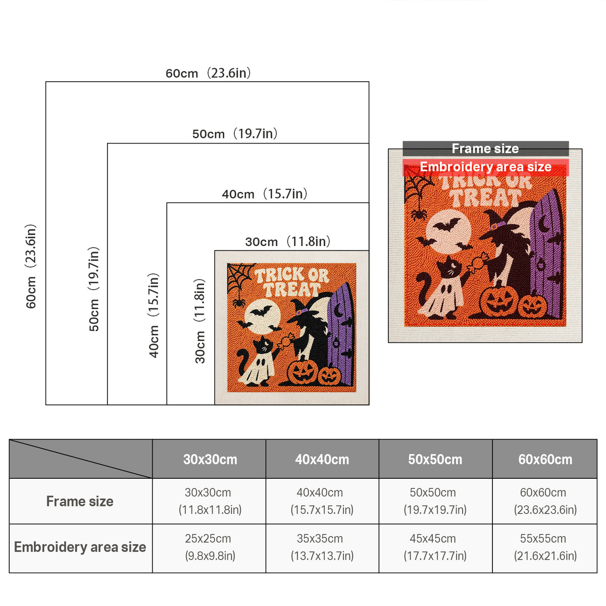 Size chart for square punch needle kits from 30 x 30 cm to 60 x 60 cm