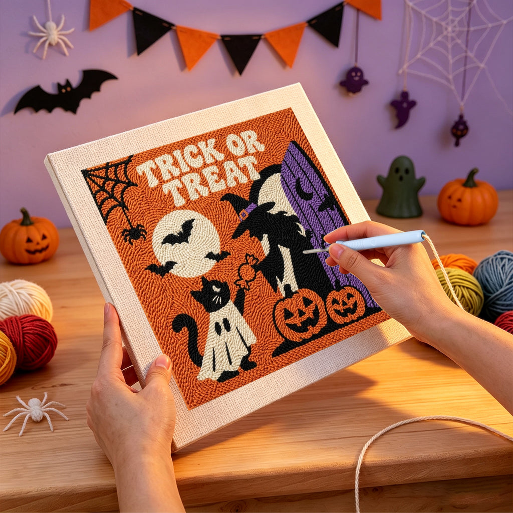 Punching the Trick or Treat Doorstep design with the punch needle
