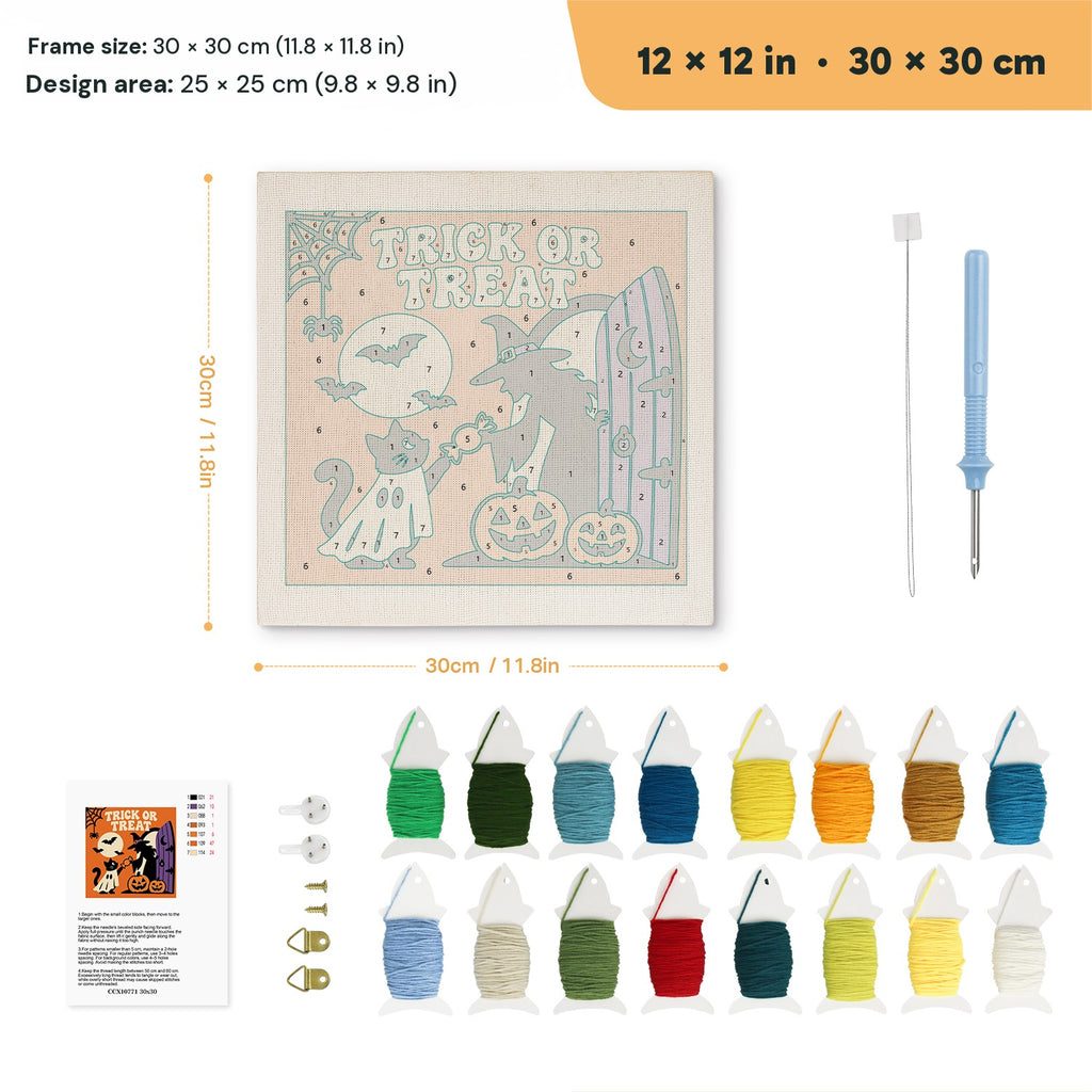 Trick or Treat Doorstep punch needle kit, 12 × 12 in (30 × 30 cm): canvas size and kit contents