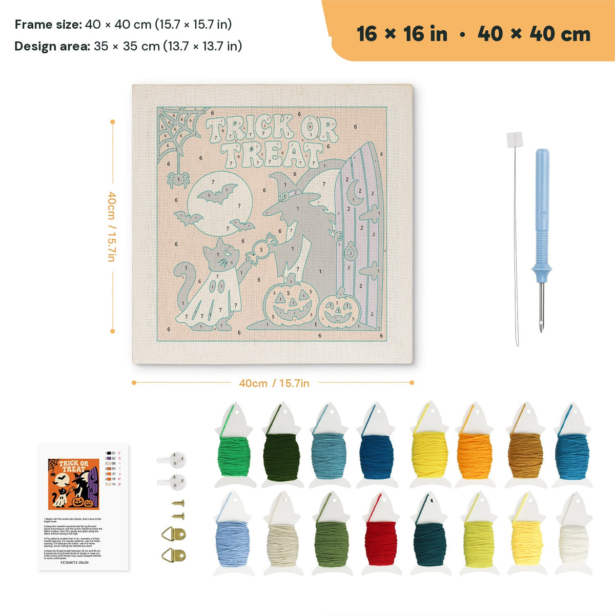 Trick or Treat Doorstep punch needle kit, 16 × 16 in (40 × 40 cm): canvas size and kit contents