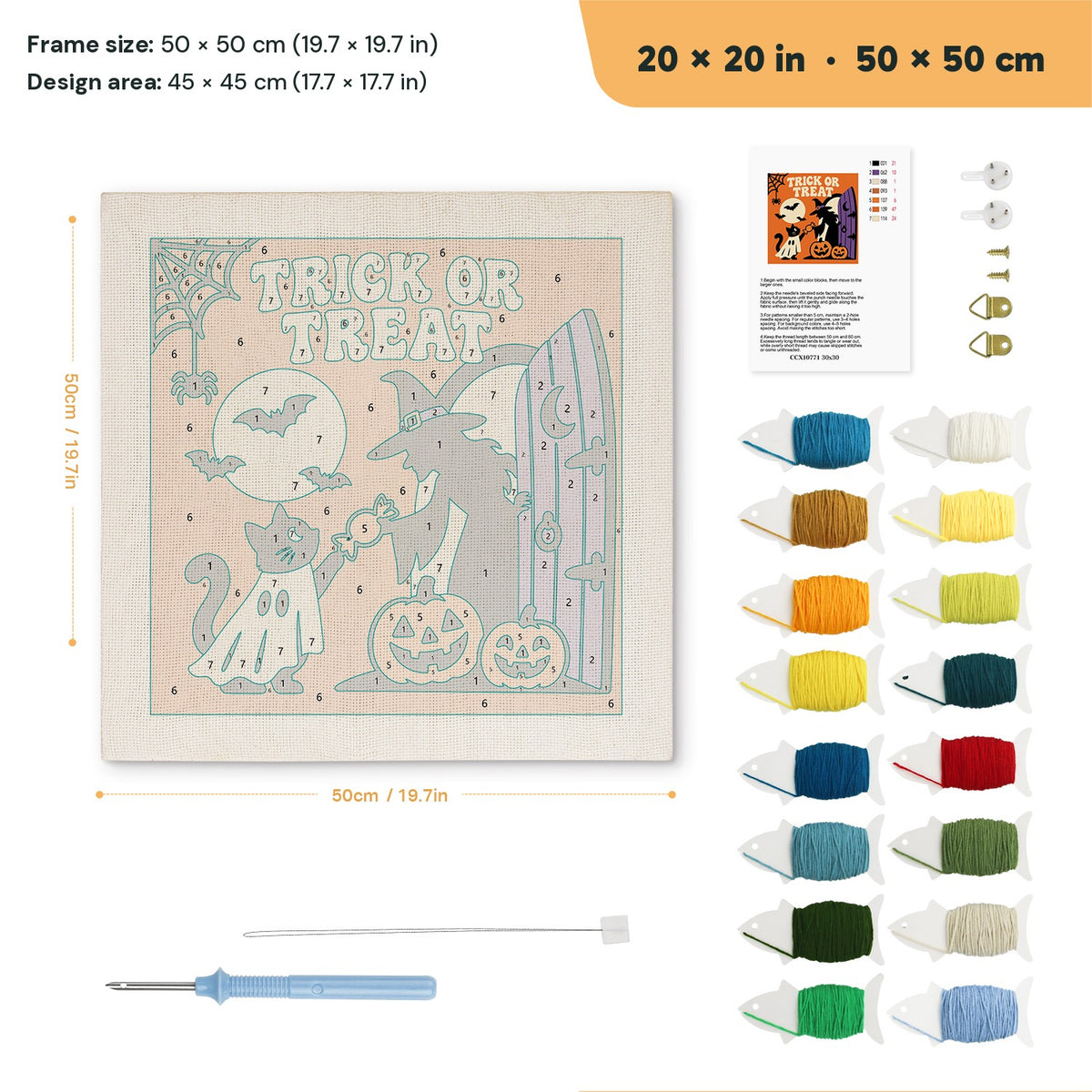 Trick or Treat Doorstep punch needle kit, 20 × 20 in (50 × 50 cm): canvas size and kit contents