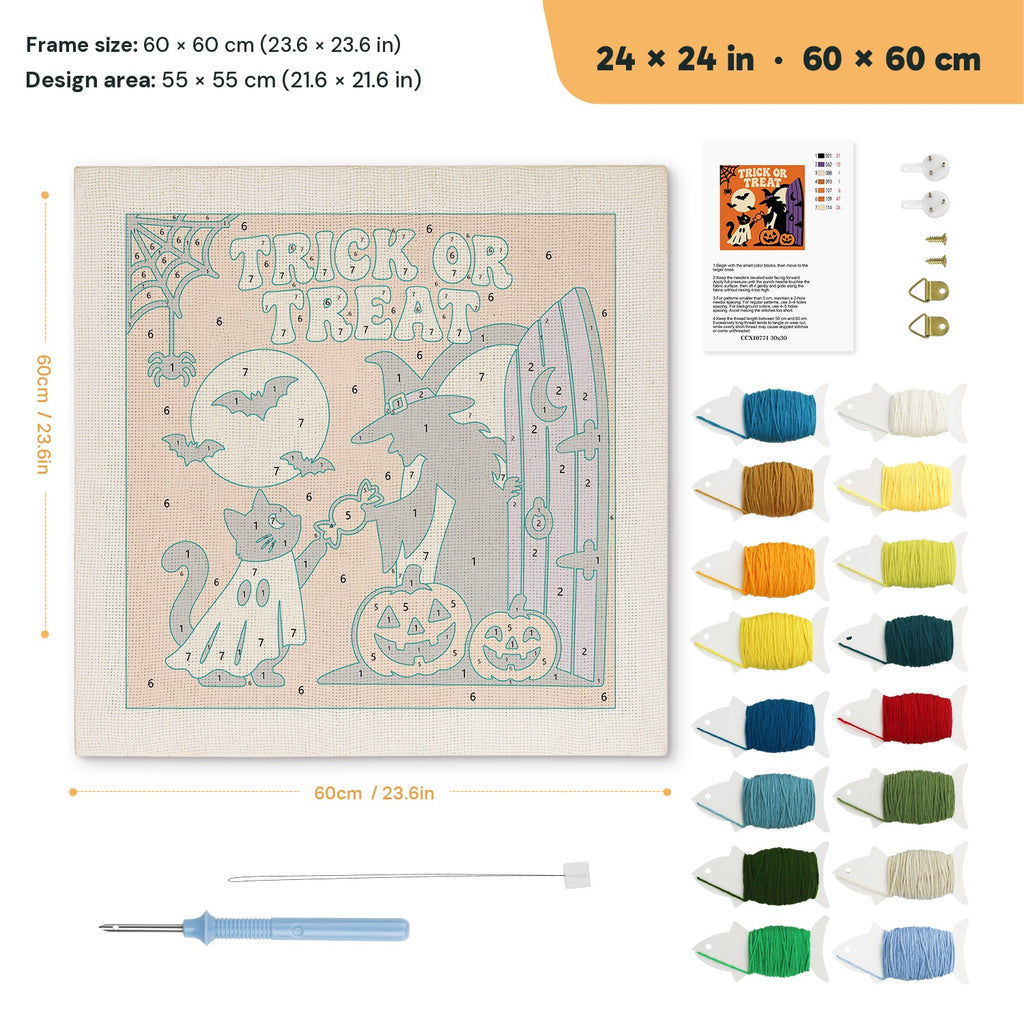 Trick or Treat Doorstep punch needle kit, 24 × 24 in (60 × 60 cm): canvas size and kit contents
