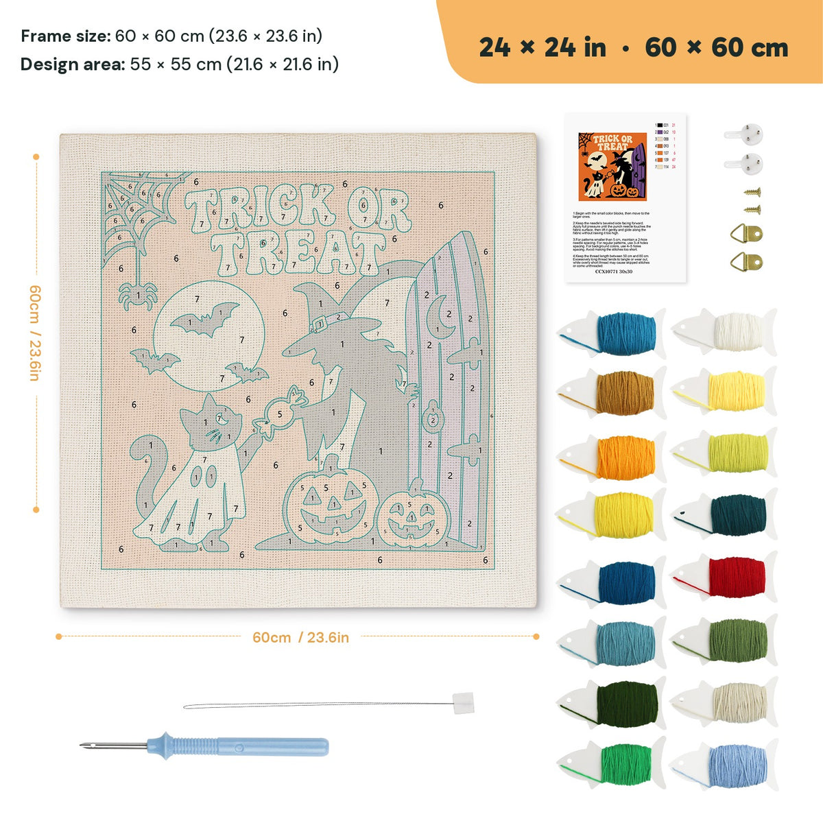 Trick or Treat Doorstep punch needle kit, 24 × 24 in (60 × 60 cm): canvas size and kit contents