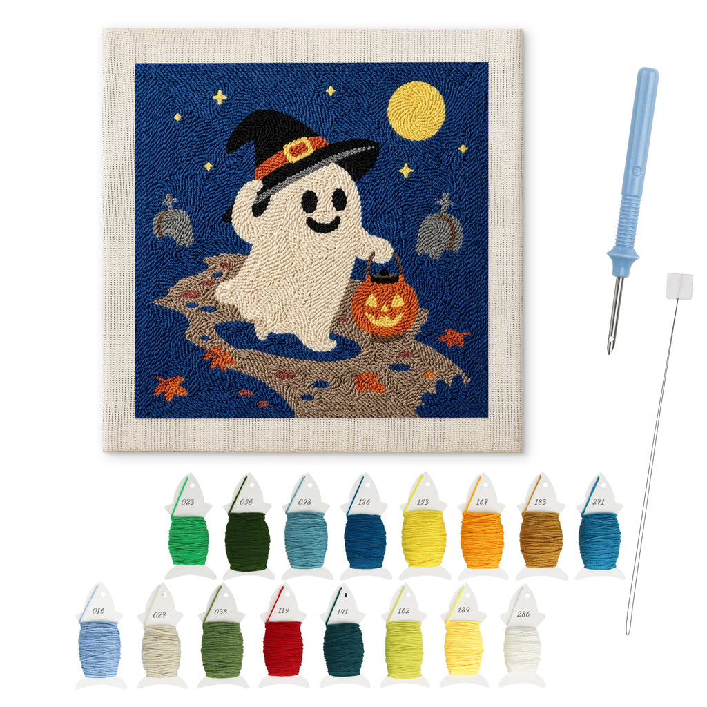 Trick-or-Treat Ghost punch needle kit: finished canvas with threads, punch needle and threader