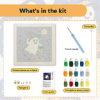What is in the Trick-or-Treat Ghost kit: printed canvas, punch needle, threader, threads, color guide and hangers
