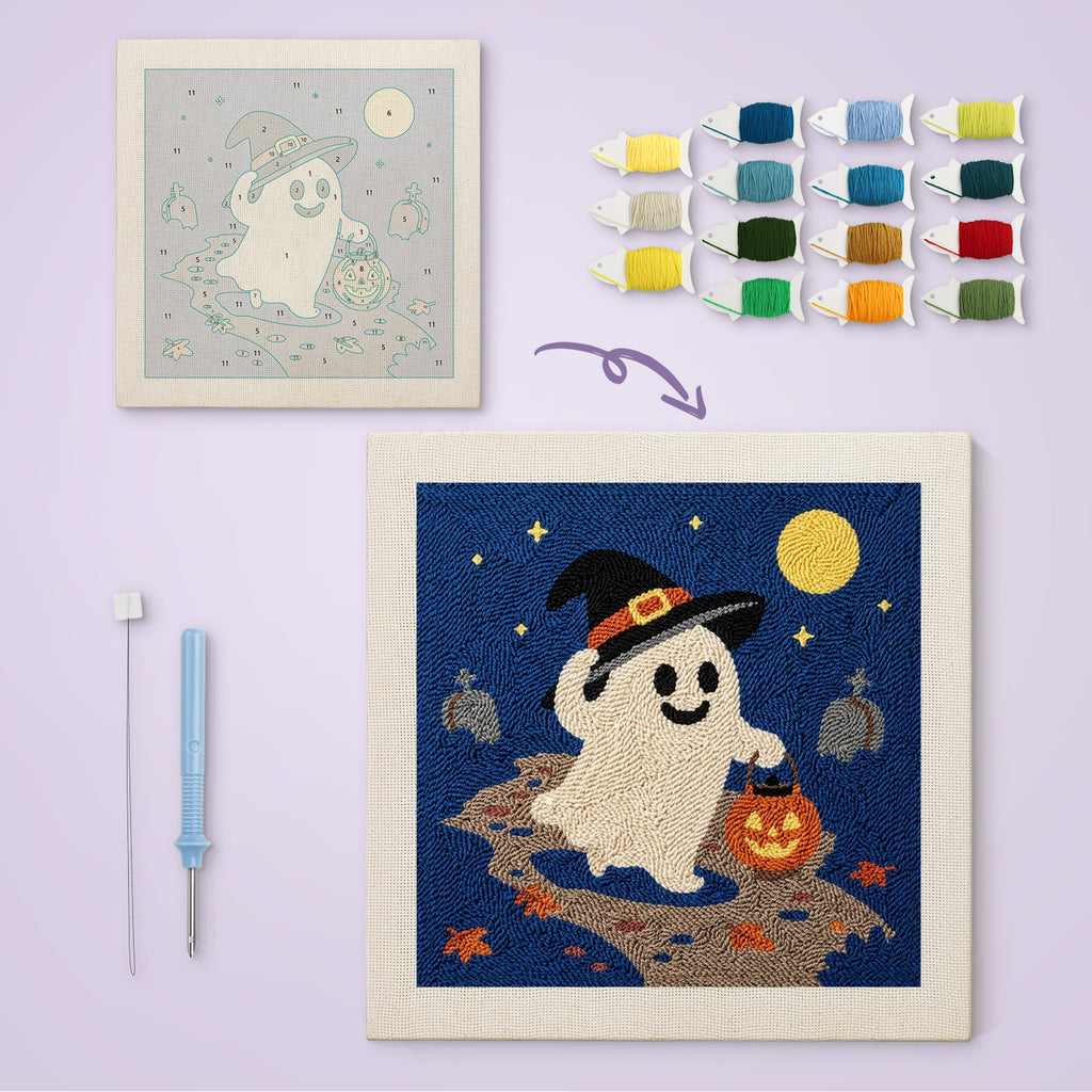 Trick-or-Treat Ghost canvas before and after punching, with the threads and tools