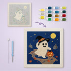 Trick-or-Treat Ghost canvas before and after punching, with the threads and tools