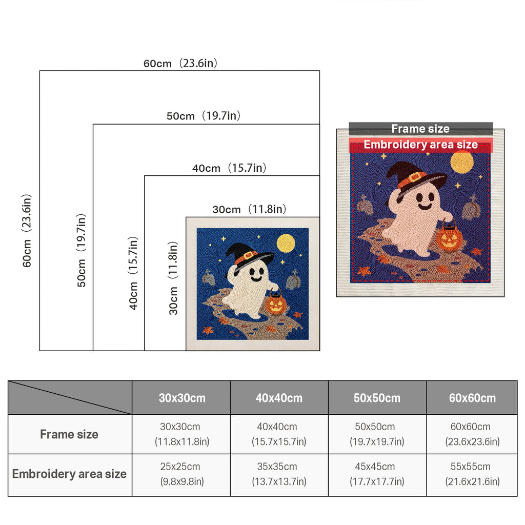 Size chart for square punch needle kits from 30 x 30 cm to 60 x 60 cm