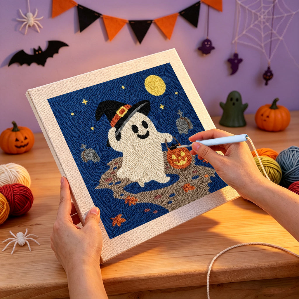 Punching the Trick-or-Treat Ghost design with the punch needle