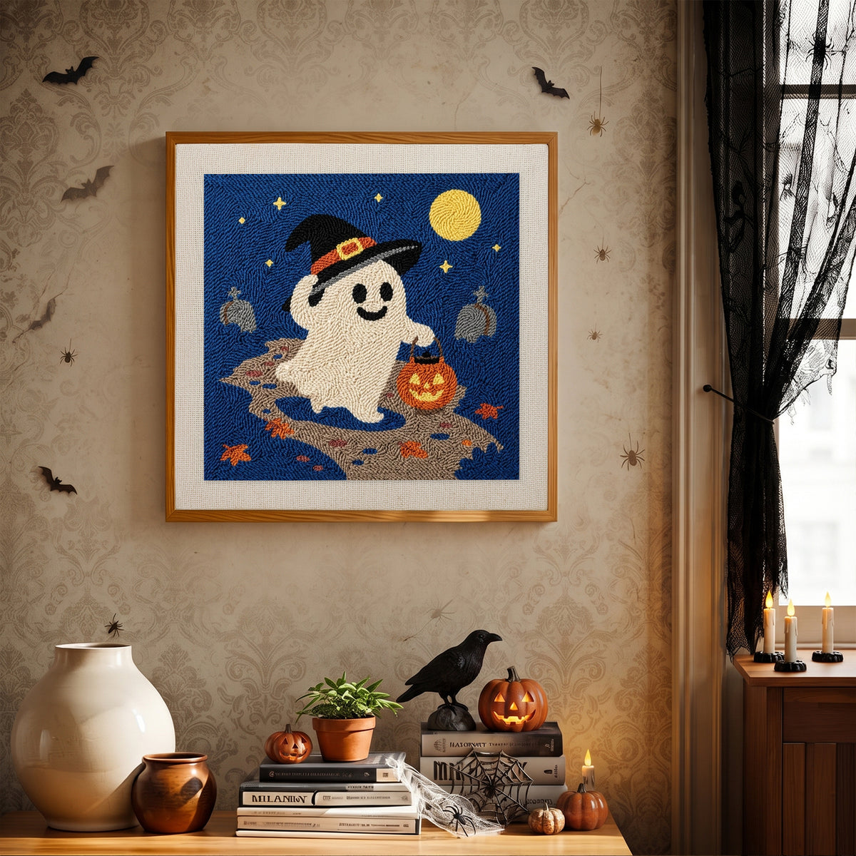 Finished Trick-or-Treat Ghost punch needle canvas on a wall