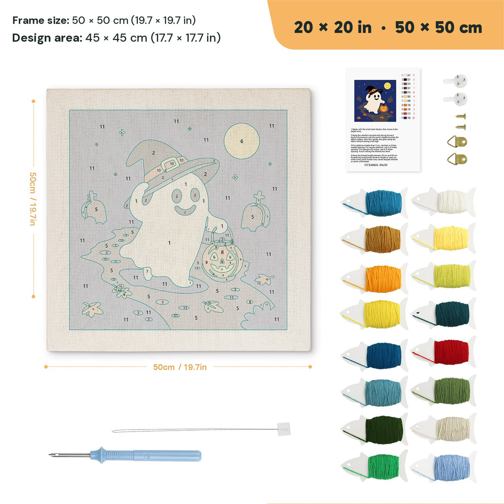 Trick-or-Treat Ghost punch needle kit, 20 × 20 in (50 × 50 cm): canvas size and kit contents