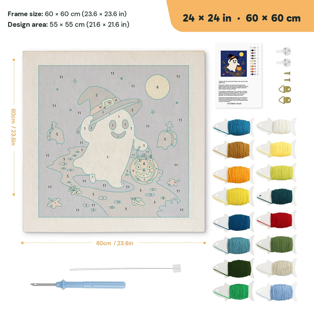 Trick-or-Treat Ghost punch needle kit, 24 × 24 in (60 × 60 cm): canvas size and kit contents