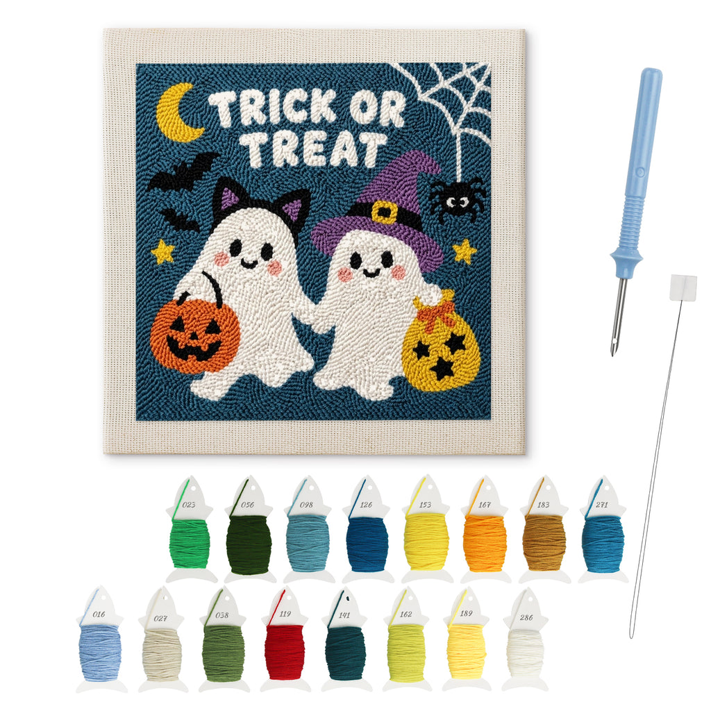 Trick or Treat Ghosts punch needle kit: finished canvas with threads, punch needle and threader