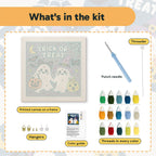 What is in the Trick or Treat Ghosts kit: printed canvas, punch needle, threader, threads, color guide and hangers