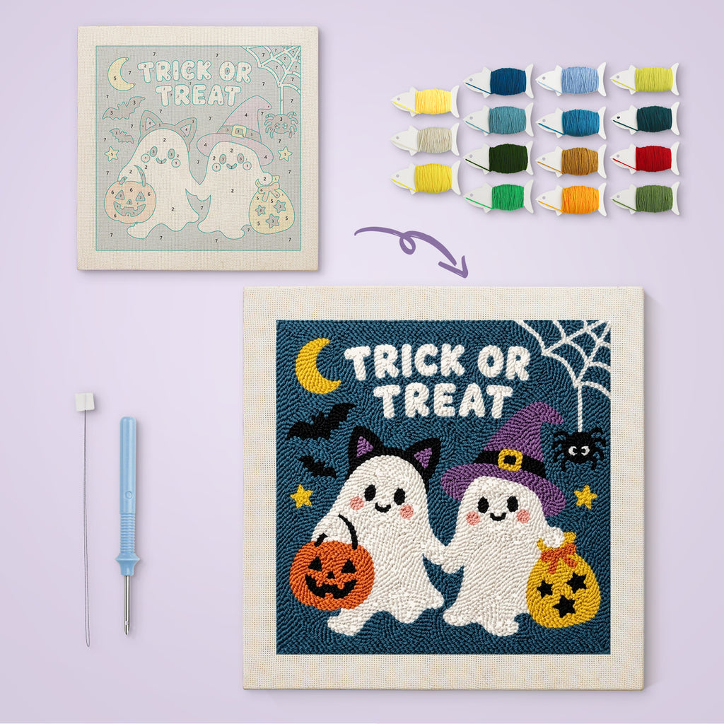 Trick or Treat Ghosts canvas before and after punching, with the threads and tools