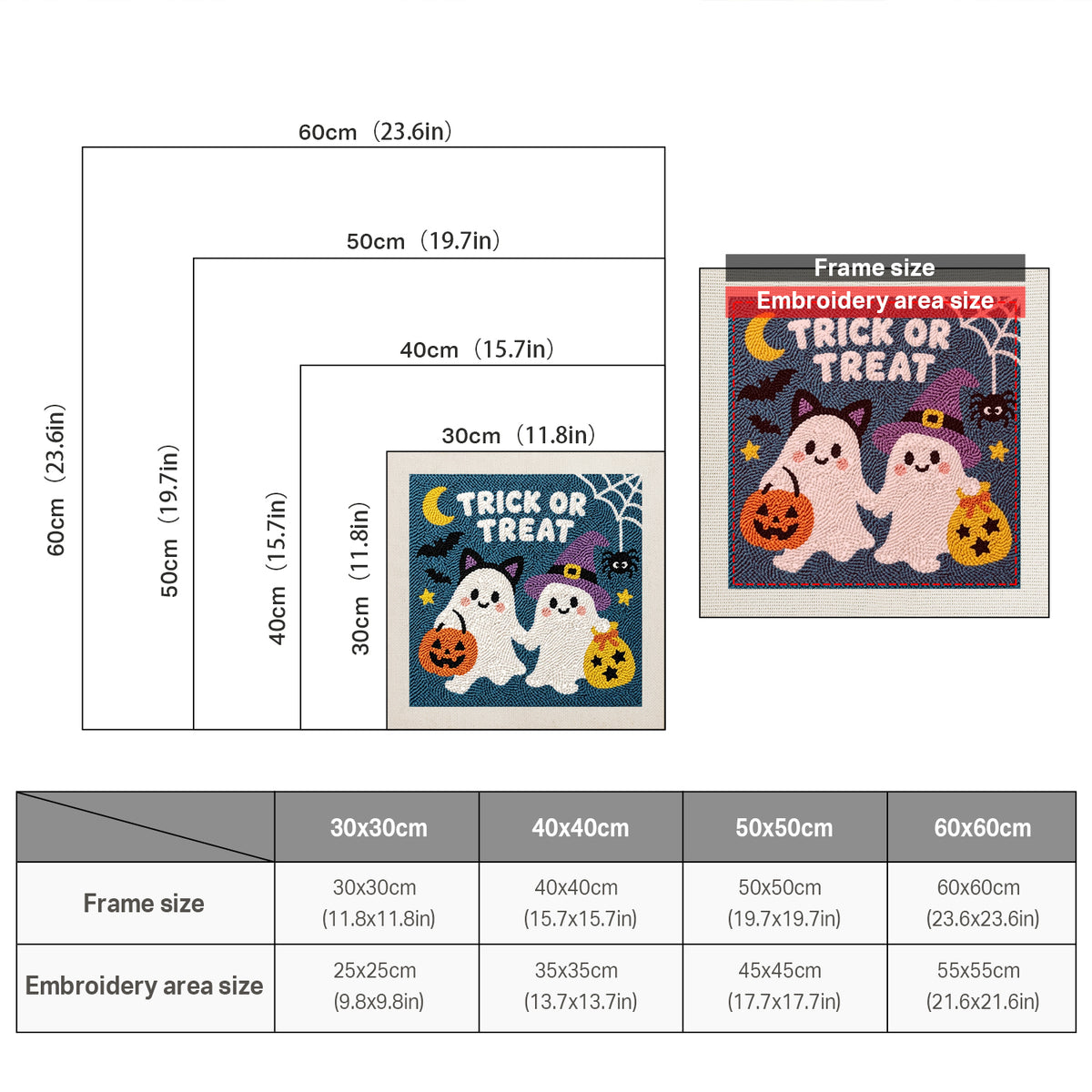 Size chart for square punch needle kits from 30 x 30 cm to 60 x 60 cm