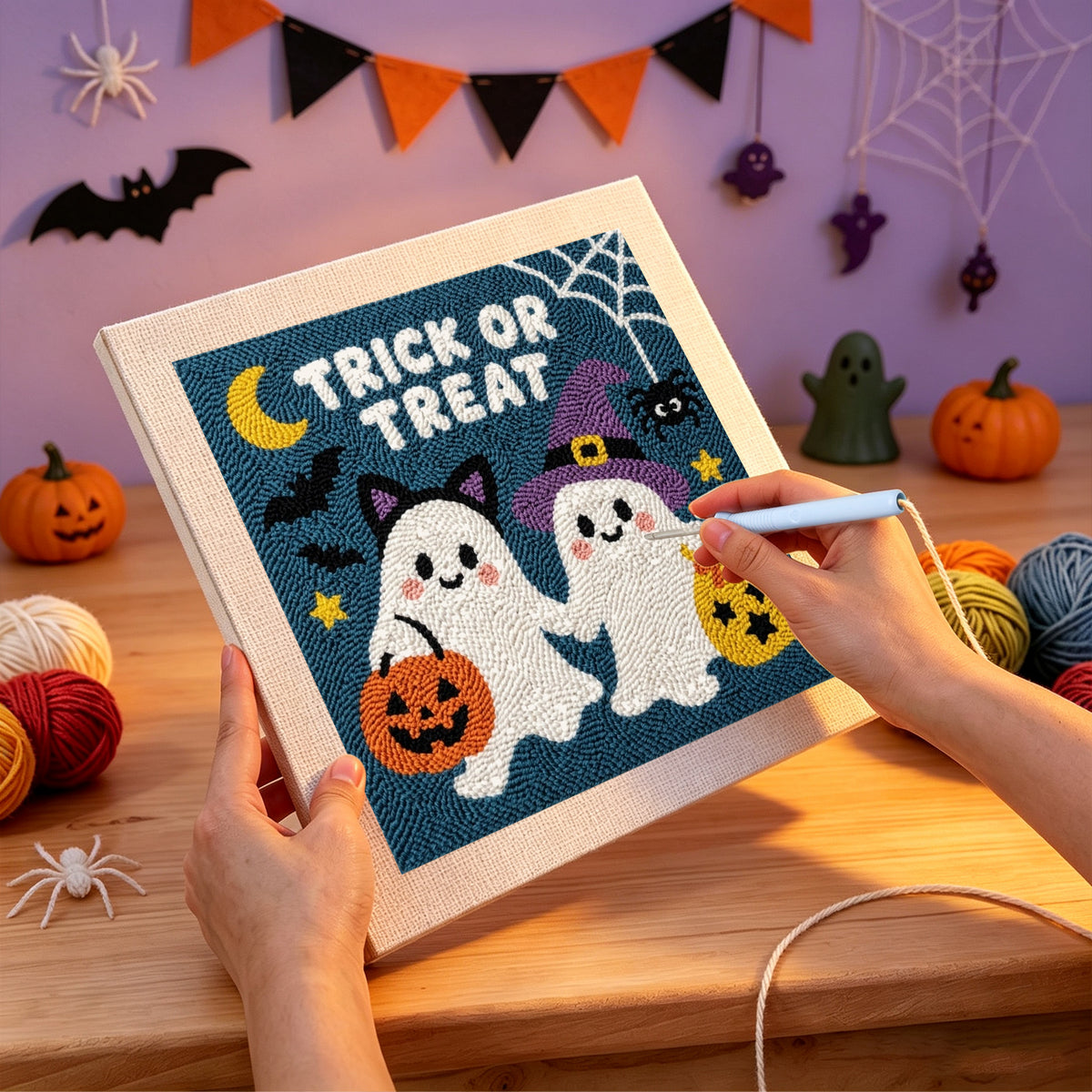 Punching the Trick or Treat Ghosts design with the punch needle