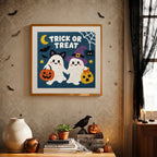 Finished Trick or Treat Ghosts punch needle canvas on a wall