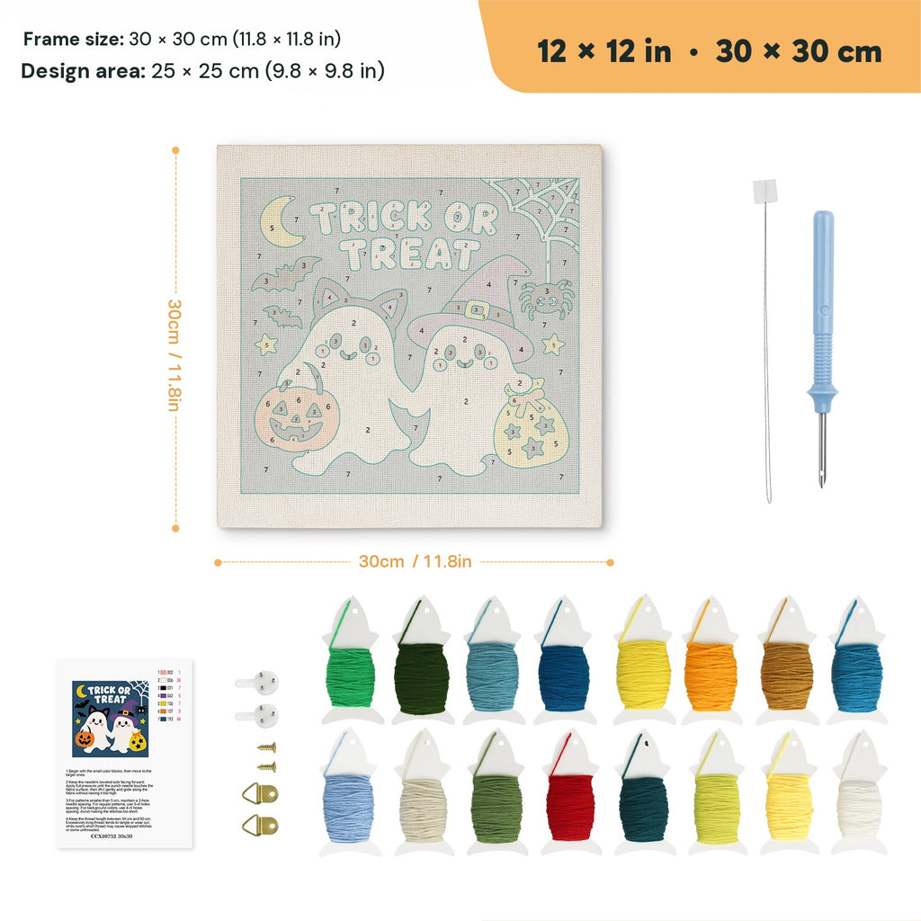 Trick or Treat Ghosts punch needle kit, 12 × 12 in (30 × 30 cm): canvas size and kit contents