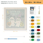 Trick or Treat Ghosts punch needle kit, 20 × 20 in (50 × 50 cm): canvas size and kit contents
