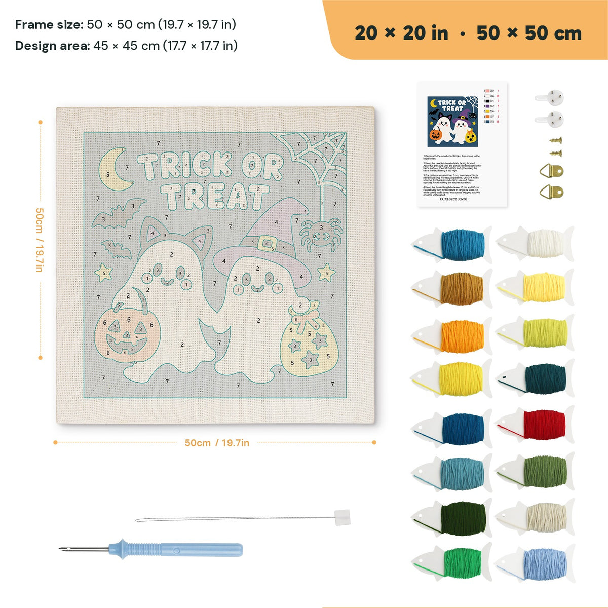 Trick or Treat Ghosts punch needle kit, 20 × 20 in (50 × 50 cm): canvas size and kit contents