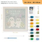 Trick or Treat Ghosts punch needle kit, 24 × 24 in (60 × 60 cm): canvas size and kit contents