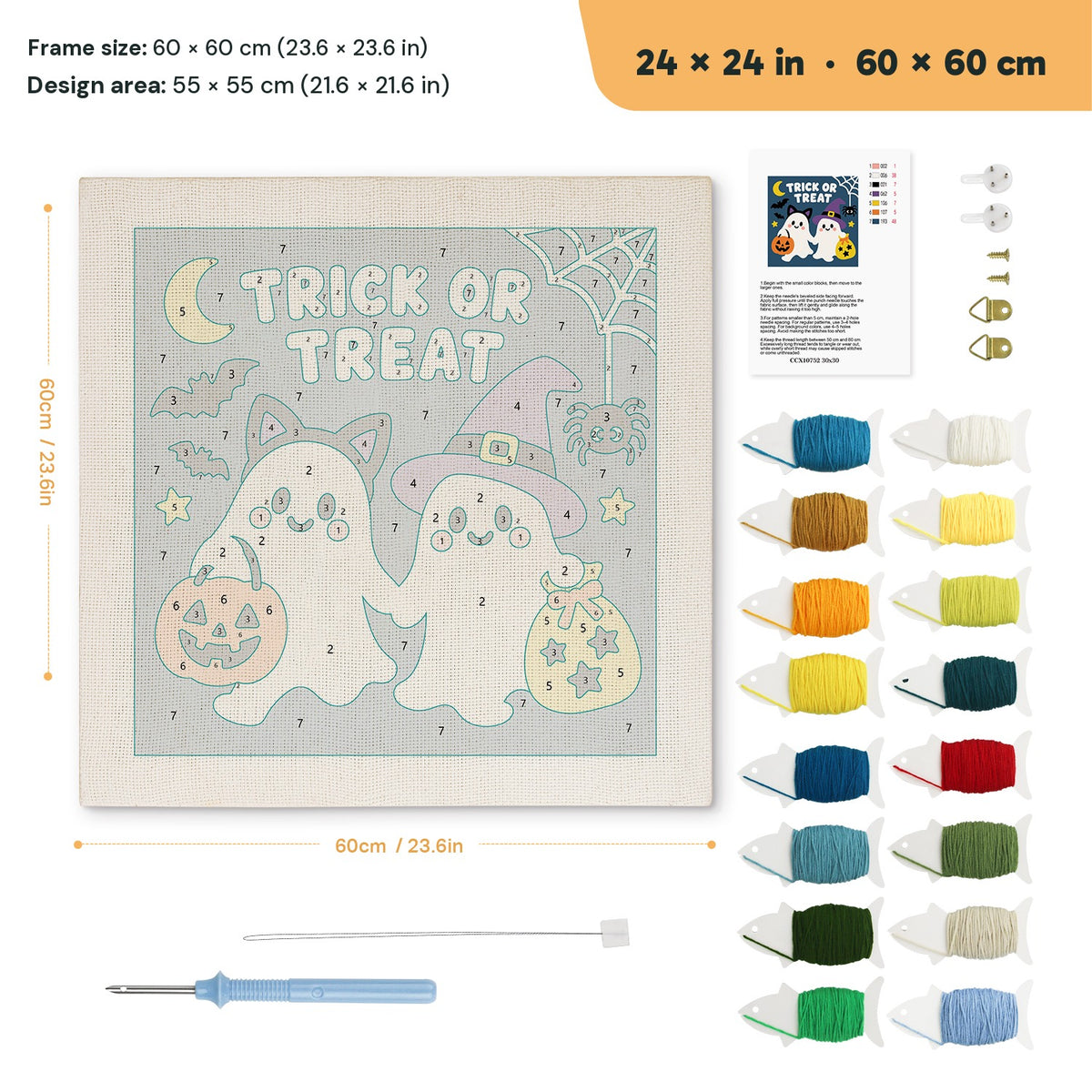 Trick or Treat Ghosts punch needle kit, 24 × 24 in (60 × 60 cm): canvas size and kit contents
