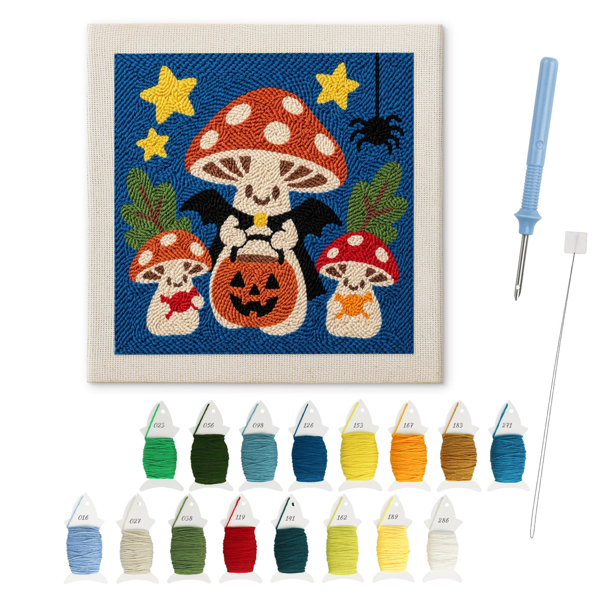 Trick-or-Treat Toadstools punch needle kit: finished canvas with threads, punch needle and threader