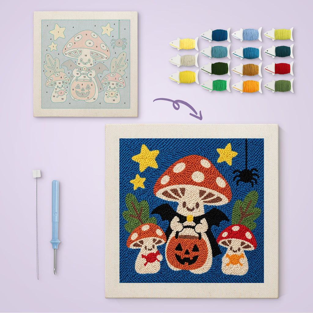 Trick-or-Treat Toadstools canvas before and after punching, with the threads and tools