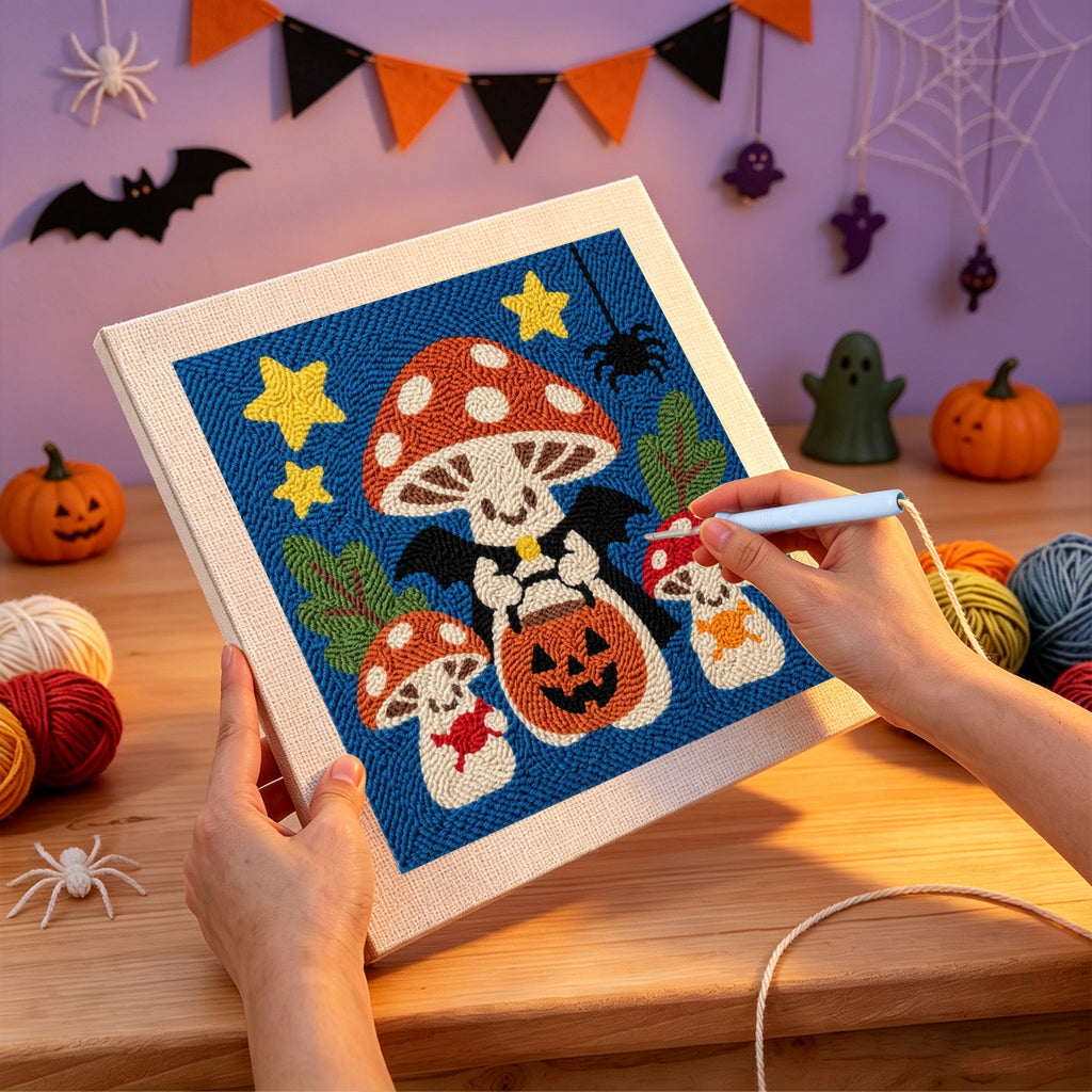 Punching the Trick-or-Treat Toadstools design with the punch needle