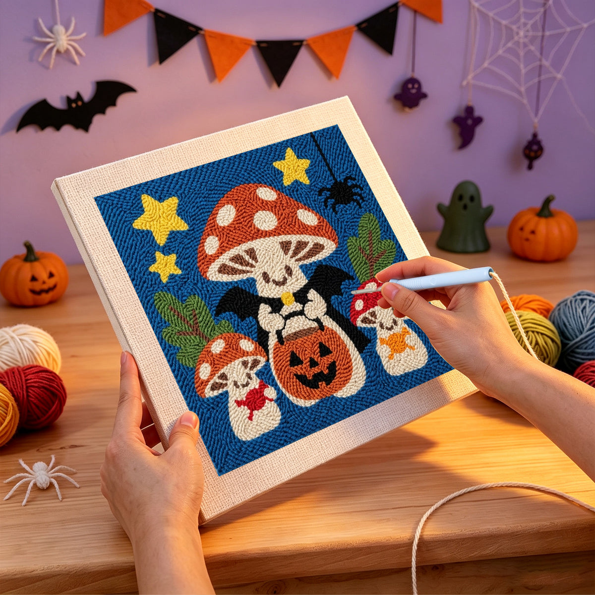 Punching the Trick-or-Treat Toadstools design with the punch needle