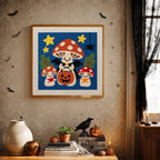Finished Trick-or-Treat Toadstools punch needle canvas on a wall