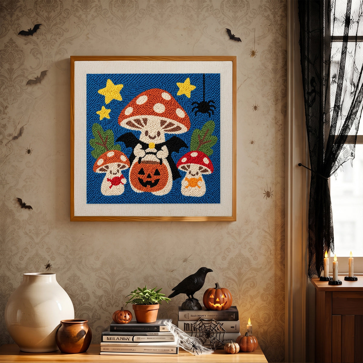 Finished Trick-or-Treat Toadstools punch needle canvas on a wall