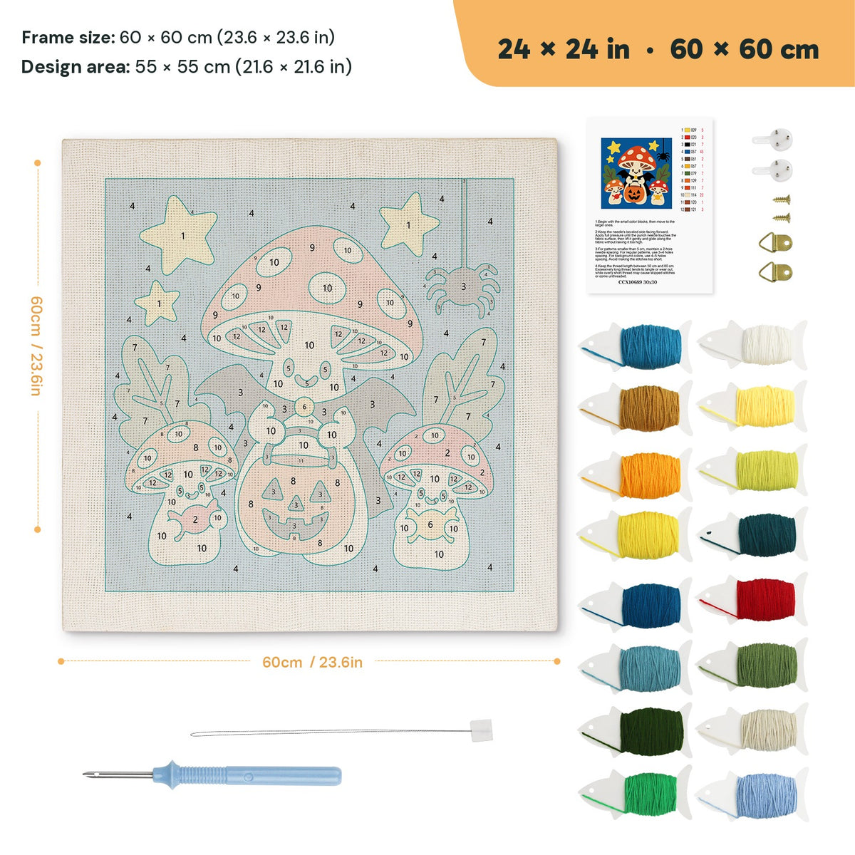Trick-or-Treat Toadstools punch needle kit, 24 × 24 in (60 × 60 cm): canvas size and kit contents