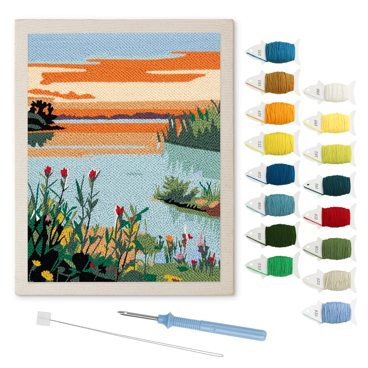 Tulip Lake Sunset punch needle kit: finished canvas with threads, punch needle and threader
