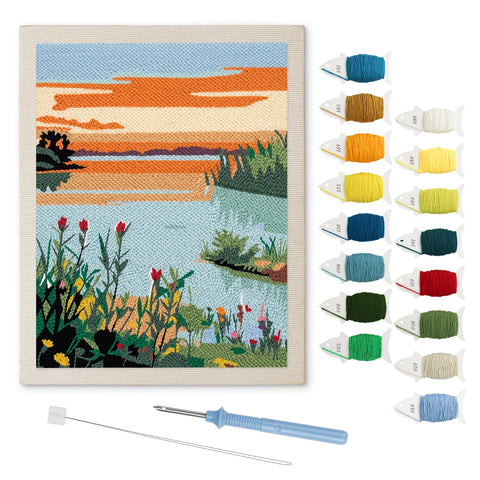 Tulip Lake Sunset punch needle kit: finished canvas with threads, punch needle and threader