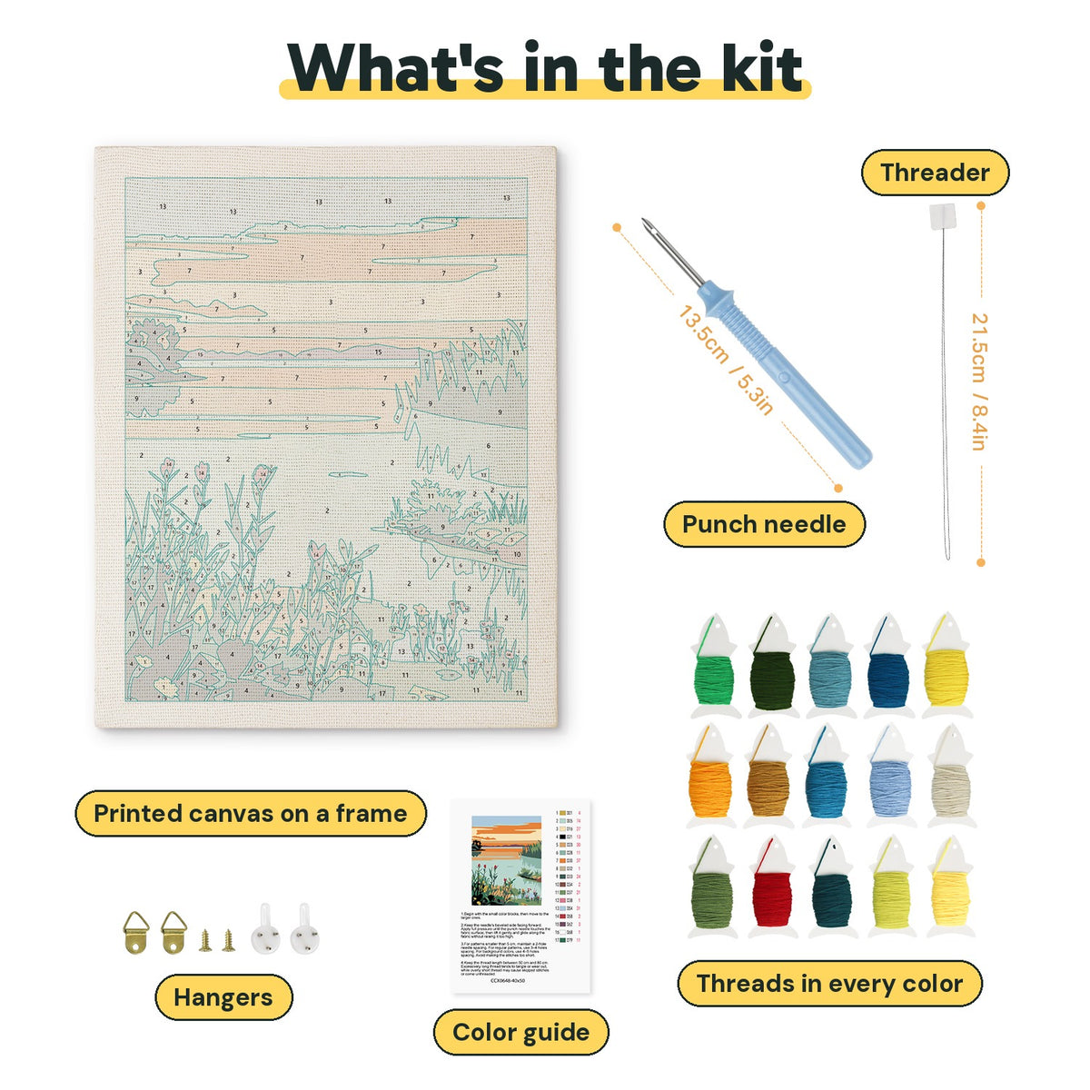 What is in the Tulip Lake Sunset kit: printed canvas, punch needle, threader, threads, color guide and hangers