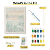 What is in the Tulip Lake Sunset kit: printed canvas, punch needle, threader, threads, color guide and hangers