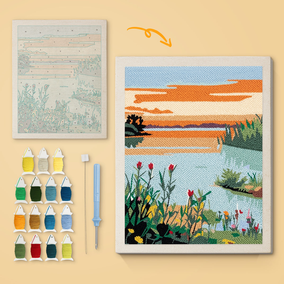 Tulip Lake Sunset canvas before and after punching, with the threads and tools