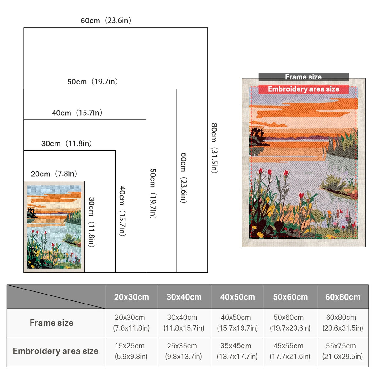 Size chart for punch needle kits from 20 x 30 cm to 60 x 80 cm