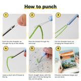 Six steps showing how to thread and use the punch needle