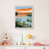 Finished Tulip Lake Sunset punch needle canvas on a wall